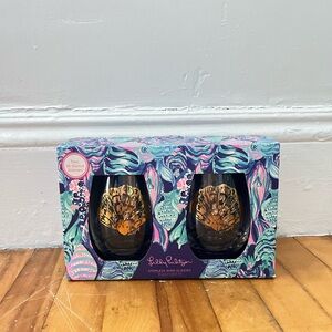 NIB Lilly Pulitzer 16 oz Gold Shell Stemless Glasses Set Scale Up